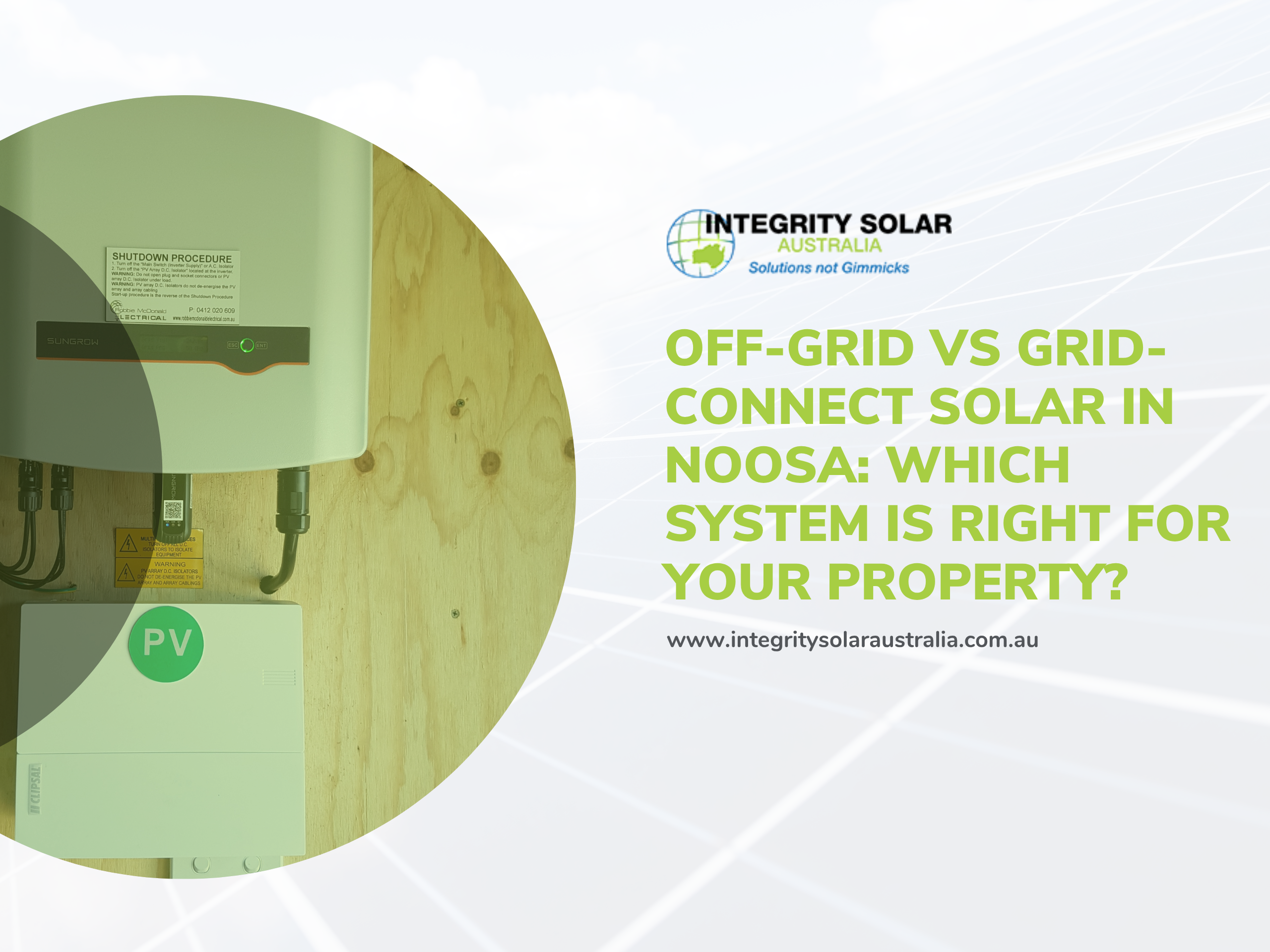 Promotional banner showing solar PV equipment on the left and Integrity Solar Australia branding with a bold green headline on the right.